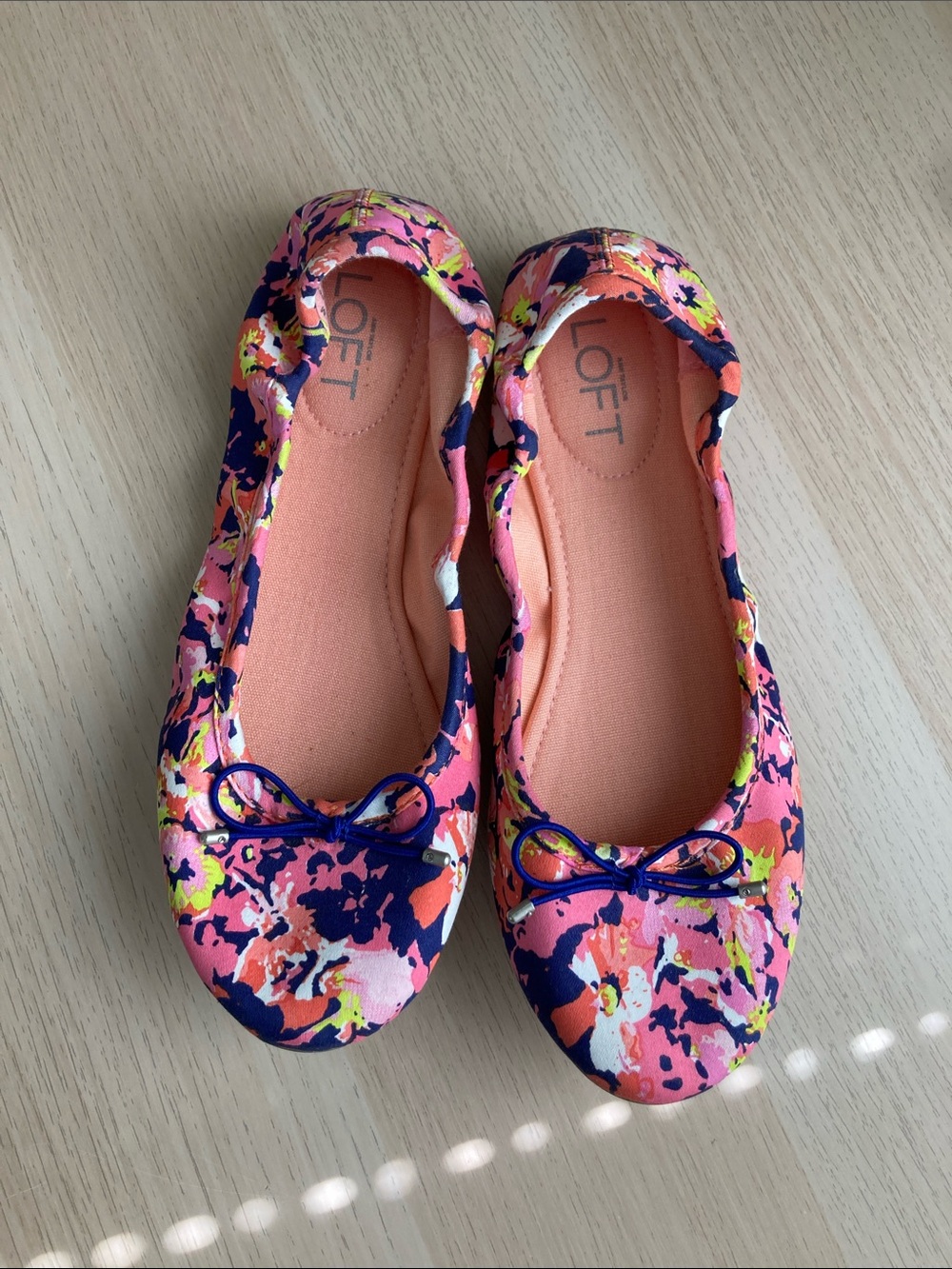 LOFT Pink Floral Print Ballet Flats with Navy Bow, Women’s Size 7